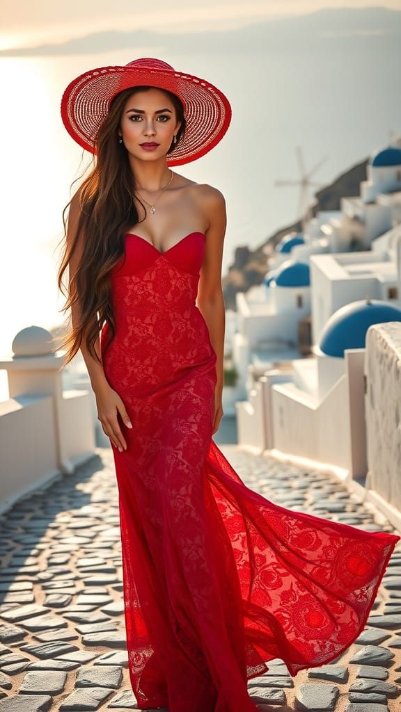 Elegant Woman in Red Dress, Santorini Fashion Photography