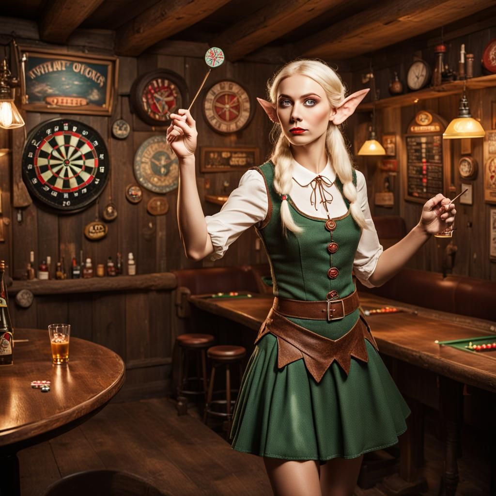 Blonde Elf Woman Playing Darts in Tavern