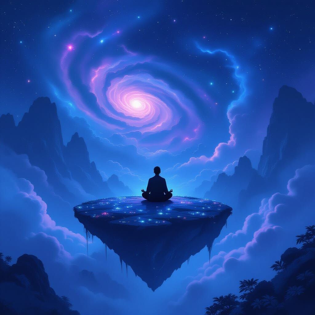 Figure Meditating on Floating Island in Cosmic Nebula