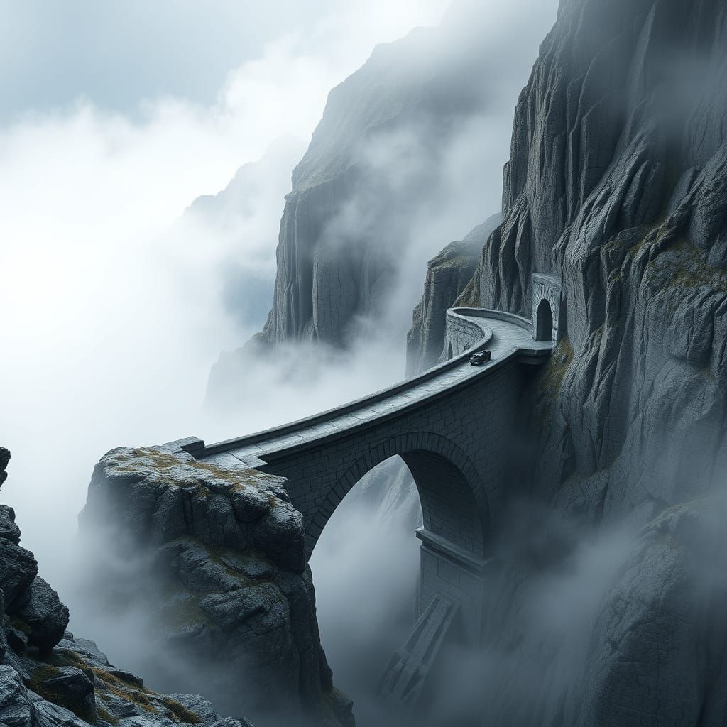 Surreal Stone Bridge Twists Through Foggy Mountains