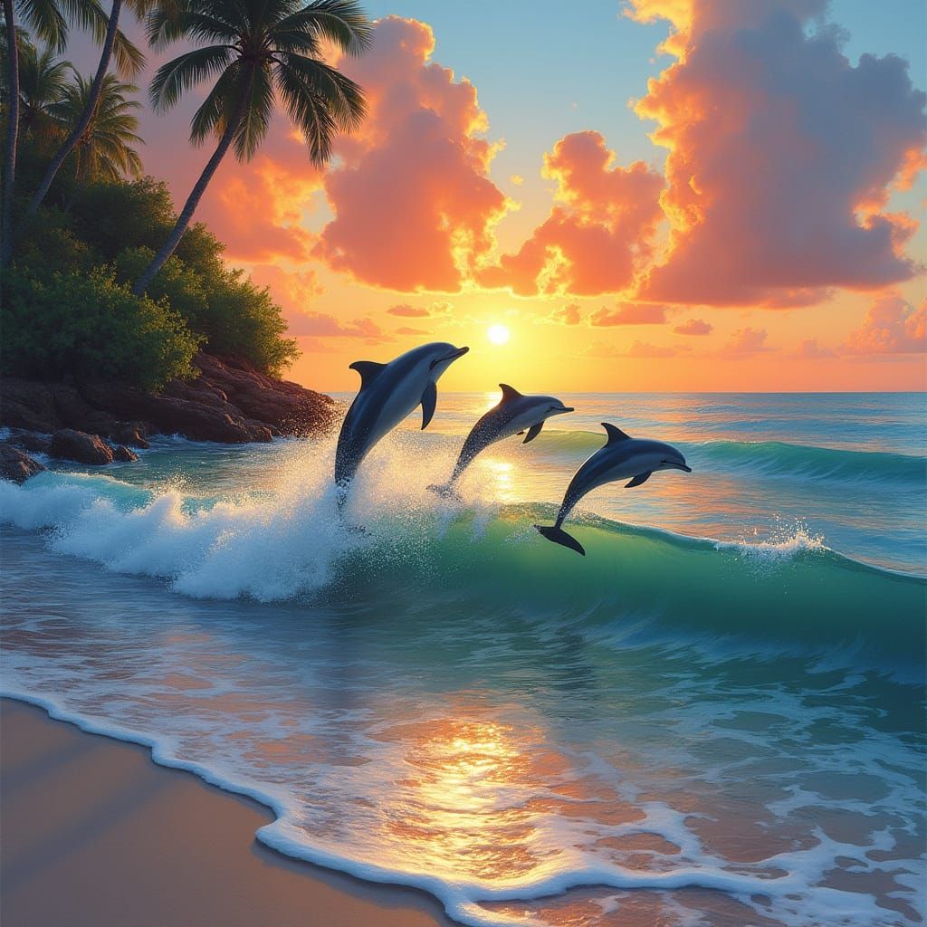 Coquina Beach Sunset: Dolphins in Impressionistic Style