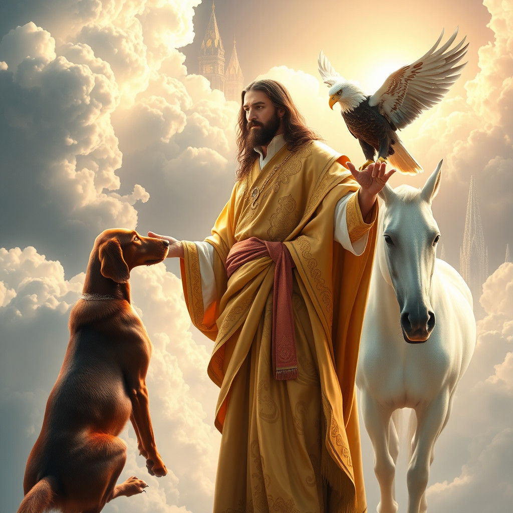 Jesus with Eagle, Setter, and Stallion in Heaven