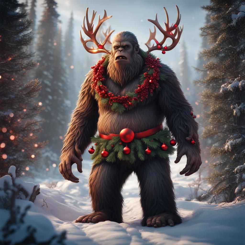 Festive Bigfoot with Christmas Antlers: Detailed Matte Paint...