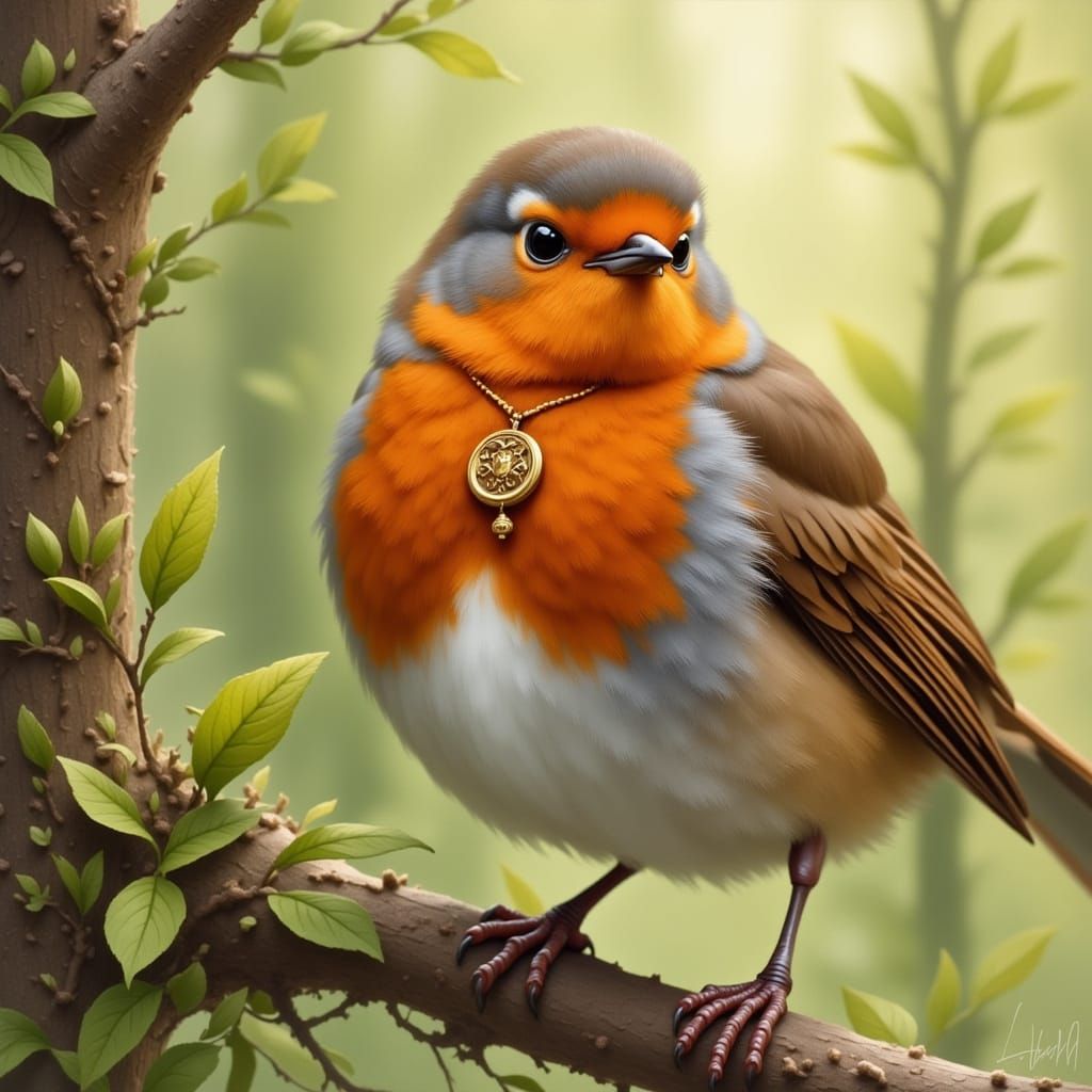 Proud Robin With Medal in Whimsical Style