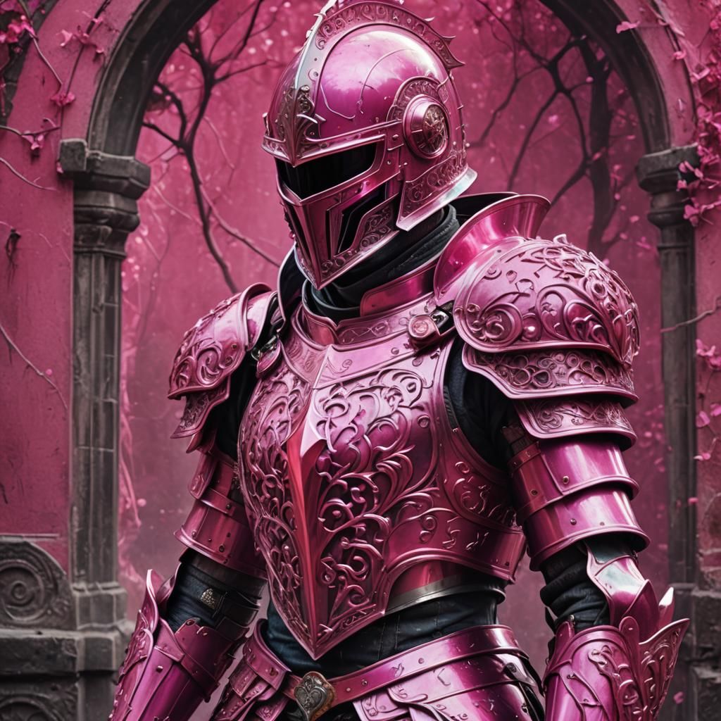 a knight in bright pink armor