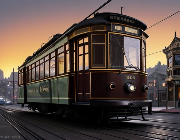 Old Tram in Modern San Francisco at Sunset