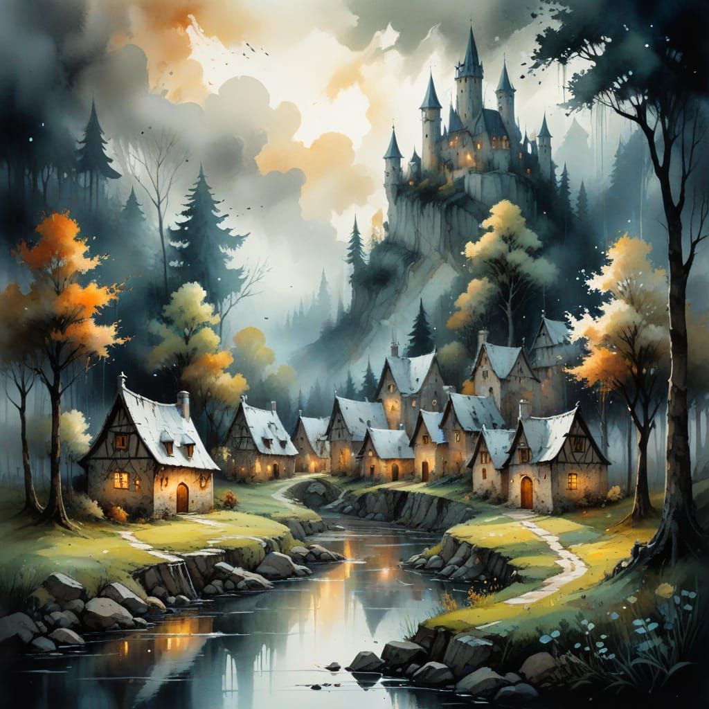 (Medieval village by a forest:1.5) by Willem Haenraets style with the delicate, expressive watercolor techniques of Andy...