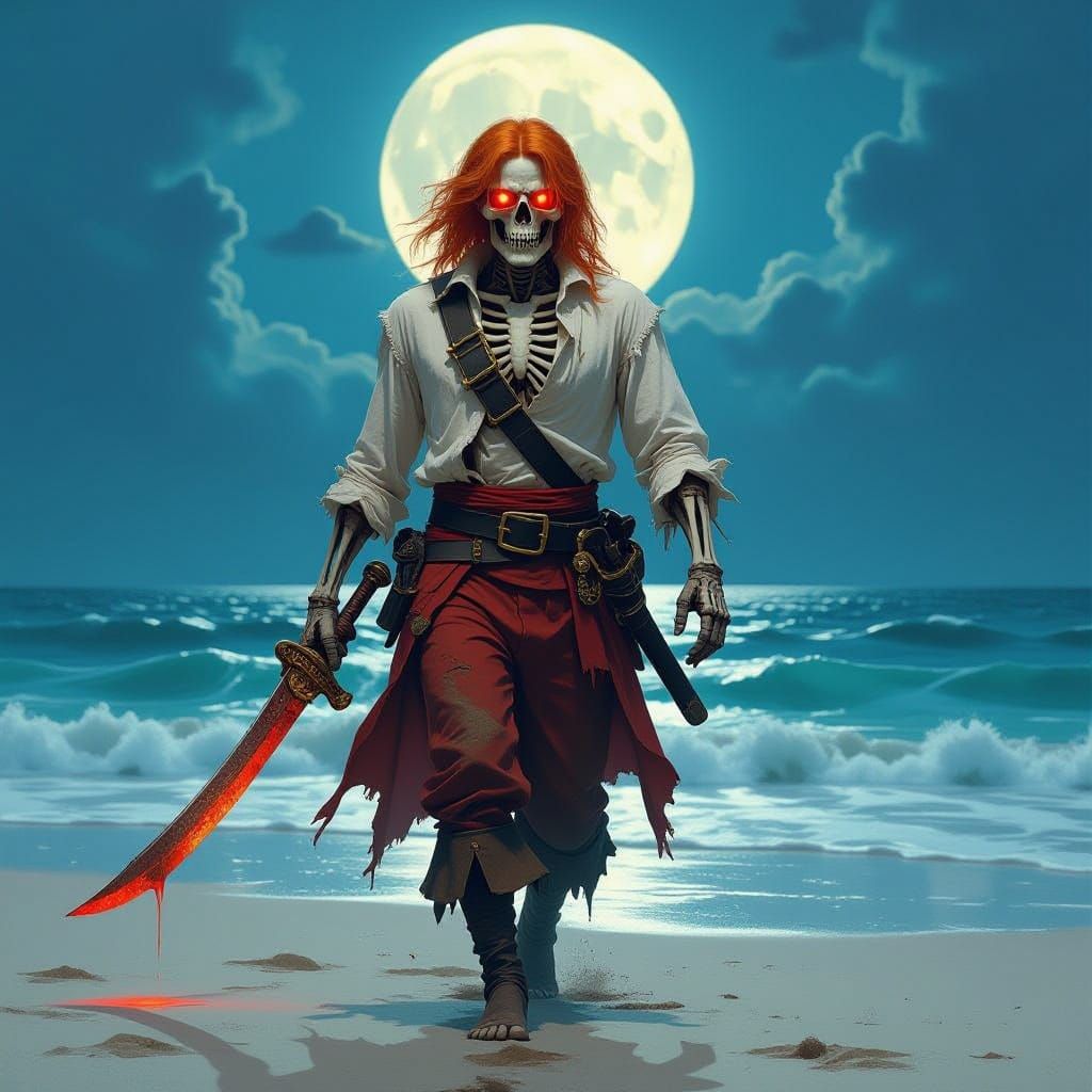 Skeleton Pirate Emerges from Ocean Under Full Moon