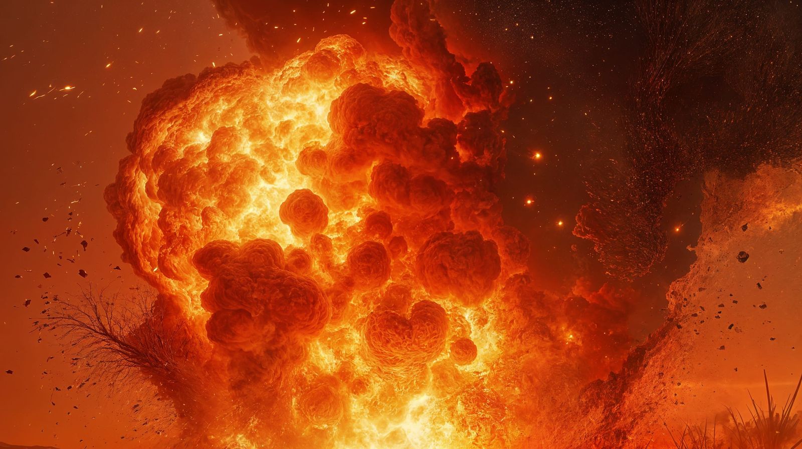 Fiery Explosion Over Red Desert Terrain
