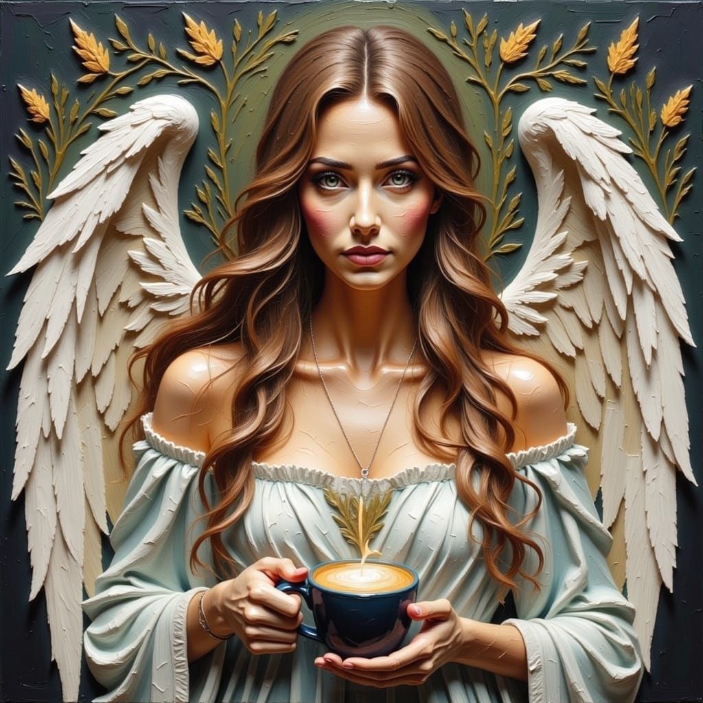 Angel Enjoying Coffee with Textured Effects