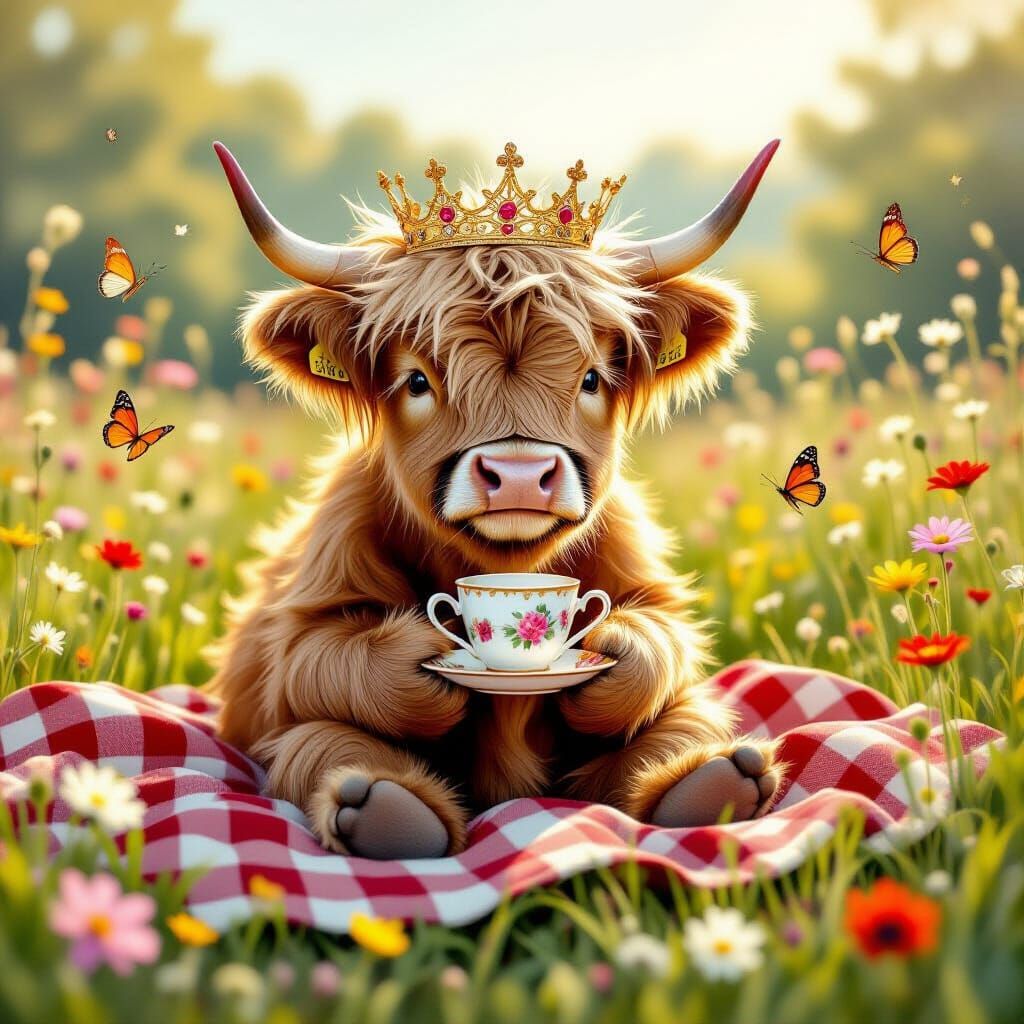 Highland Cow Royalty in Wildflower Meadow, Illustration