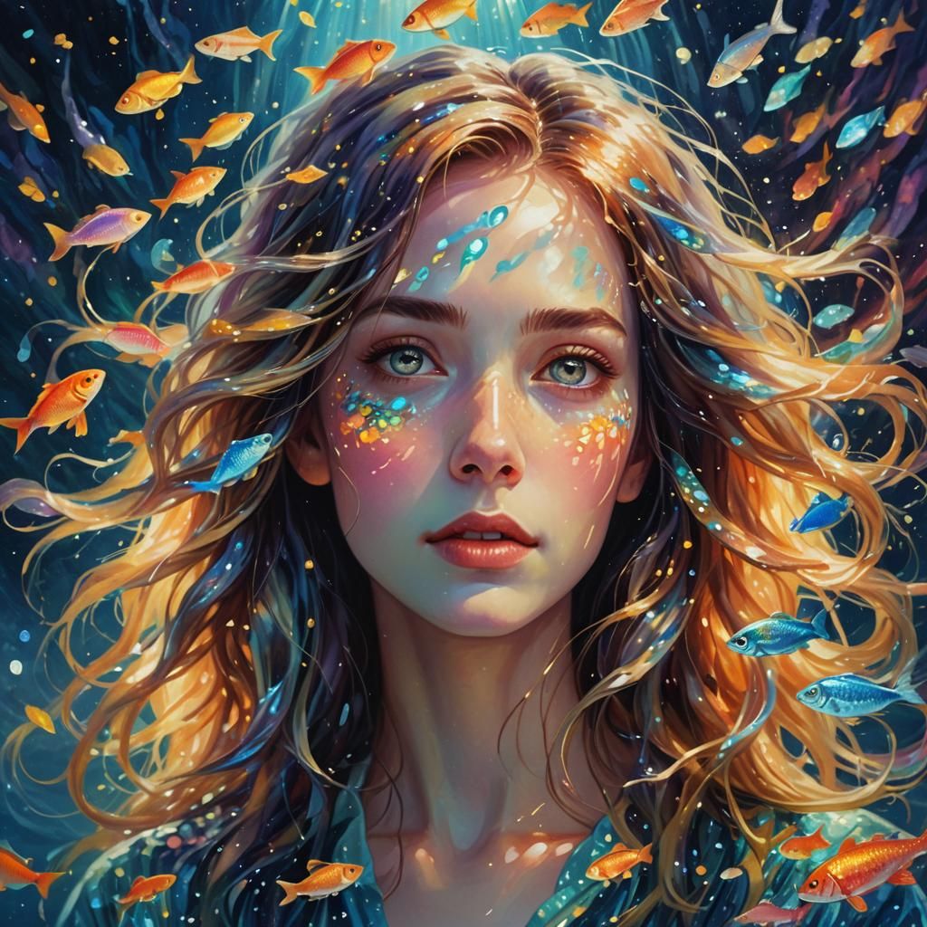 Woman with Fish Hair: Fantastical Oil Painting