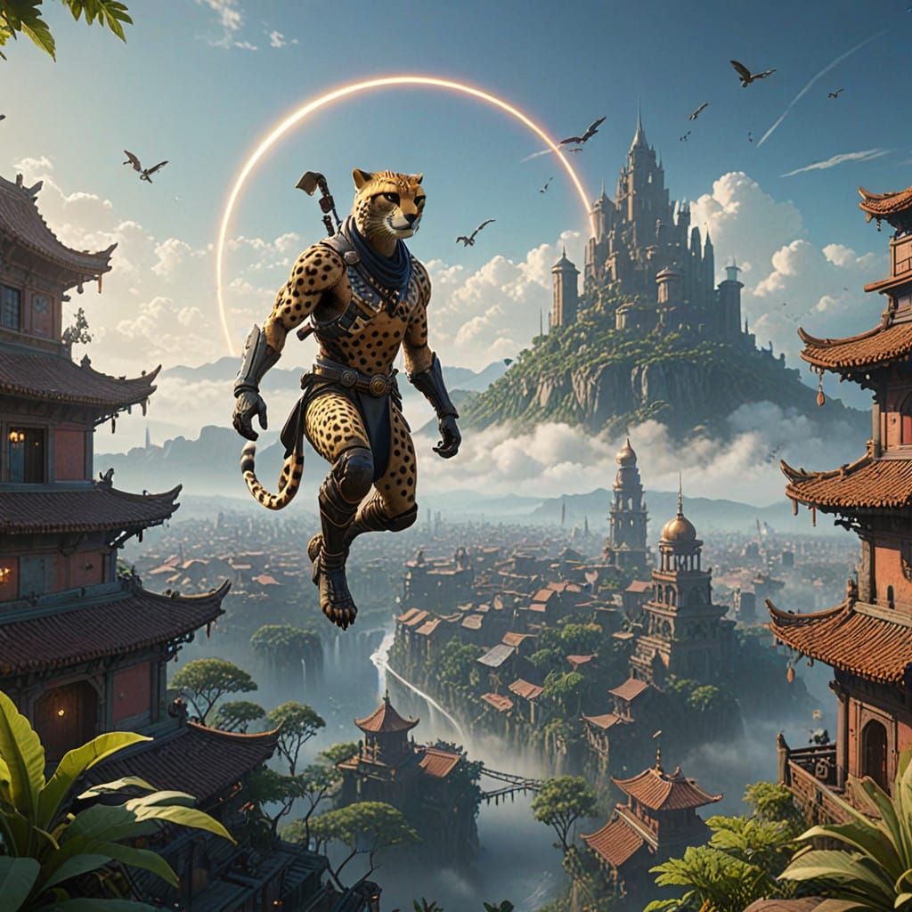 Mystical Cheetah Ninja Soars Amidst Eastern-Inspired Citysca...