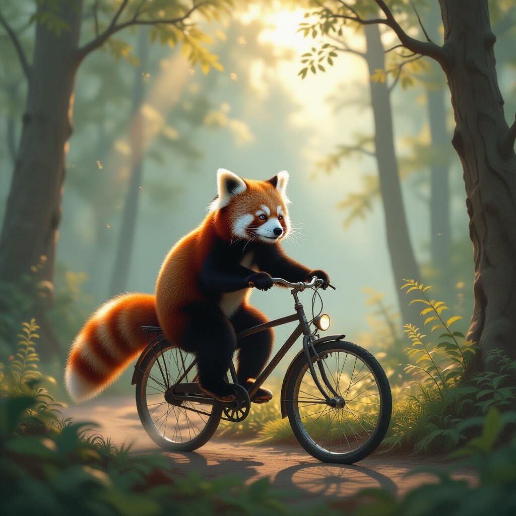 Red Panda Rides Bicycle Through Misty Forest