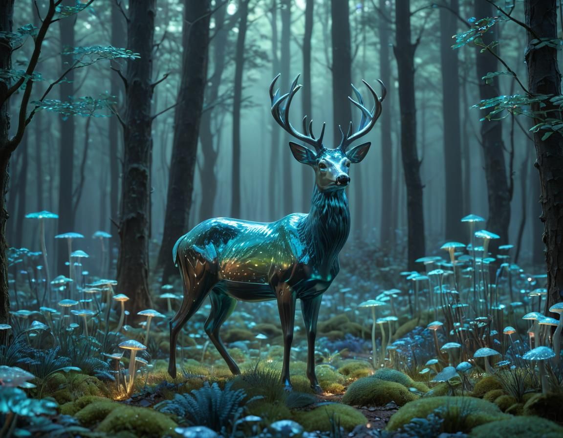 Iridescent Glass Deer Sculpture in Misty Forest