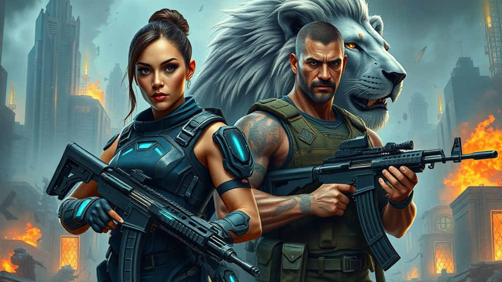 Futuristic Warriors with Lion in War-Torn Cityscape