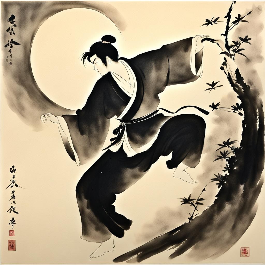 Man Dancing in Moonlight: Sumi-e Ink Wash Painting