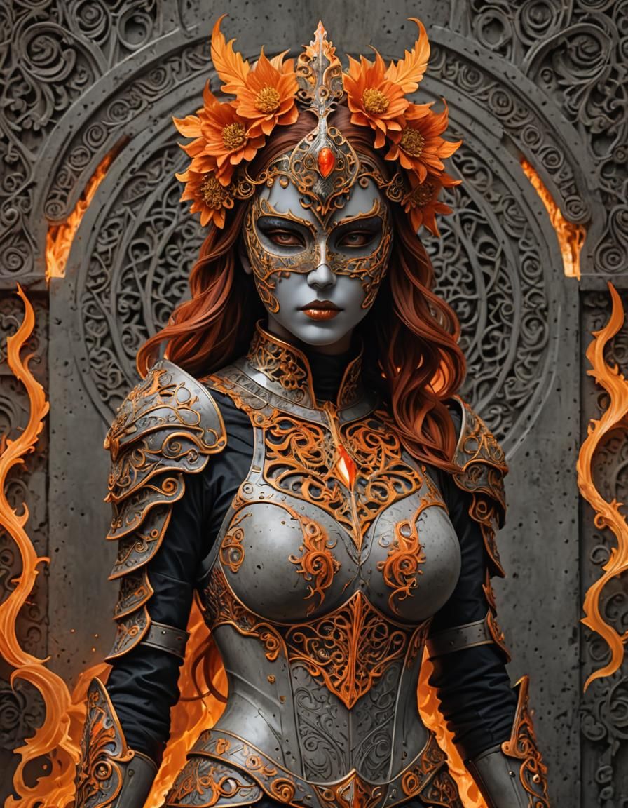 Fiery Knight with Mask in Concrete Art Style