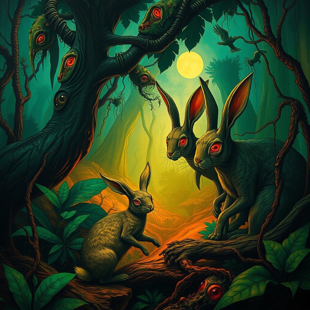 Surreal Dystopian Rainforest Landscape with Killer Rabbits i...