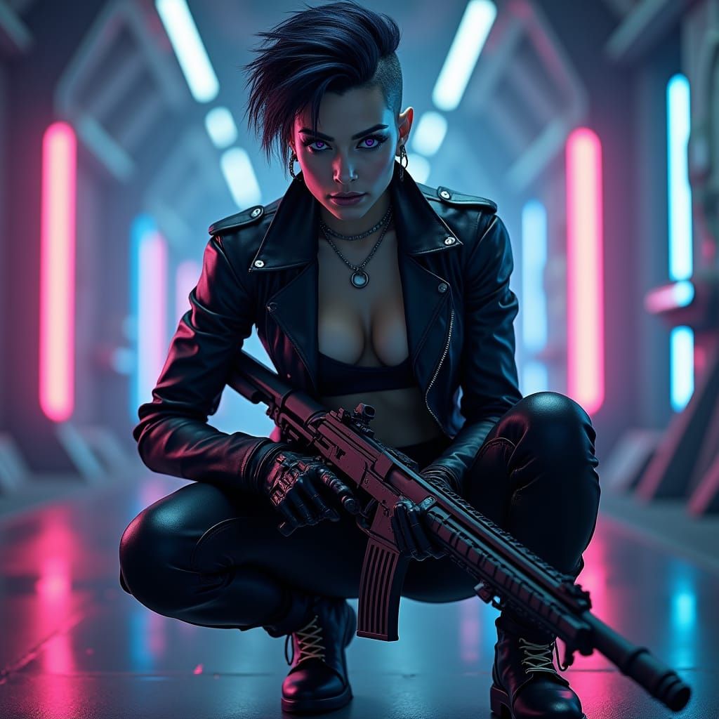 Space Elf Sniper in Gritty Cyberpunk Environment