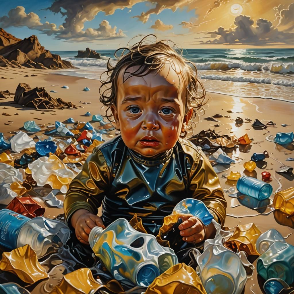 Surreal Baby in Plastic Waste, Dreamlike Oil Painting