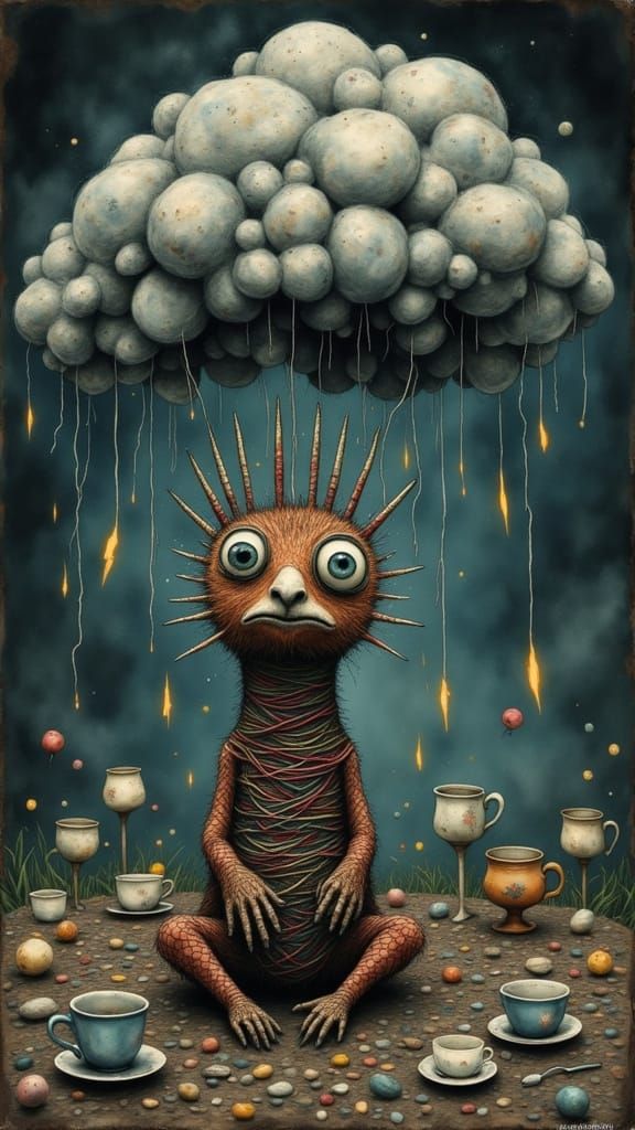 Whimsical Yarn Creature Knitting Storm Cloud in Surreal Land...