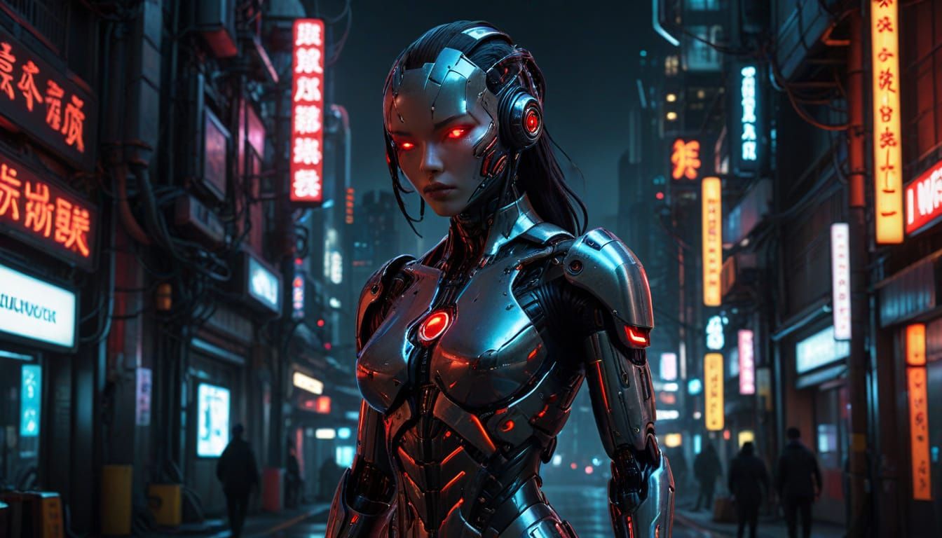 Japanese Gynoid Cyborg in Cyberpunk Cityscape