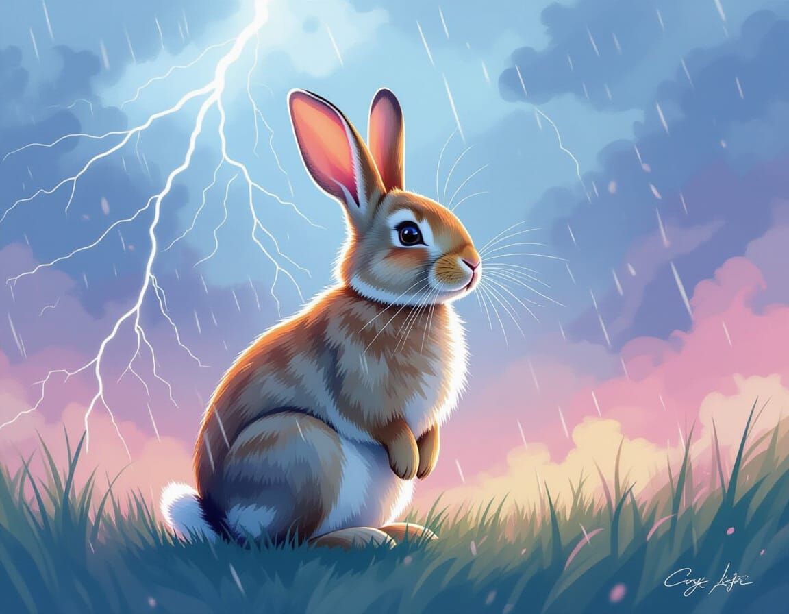 Rabbit in Watercolor Storm, Dreamy Whimsical Style