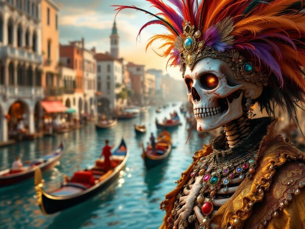 Skeleton in Renaissance Venice with Mask
