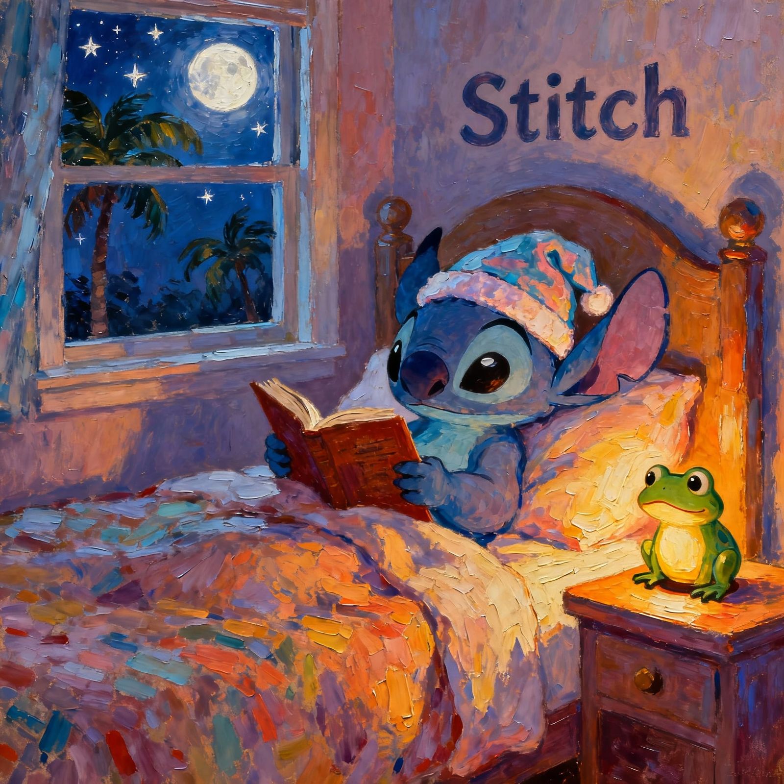 Stitch Reads a Storybook in Cozy Bed