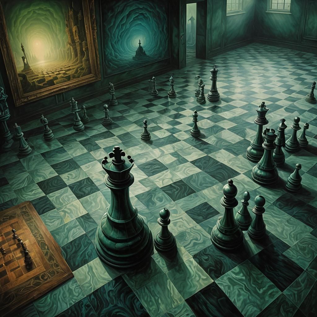 A chess board sits in the center of a dimly lit, misty room,...