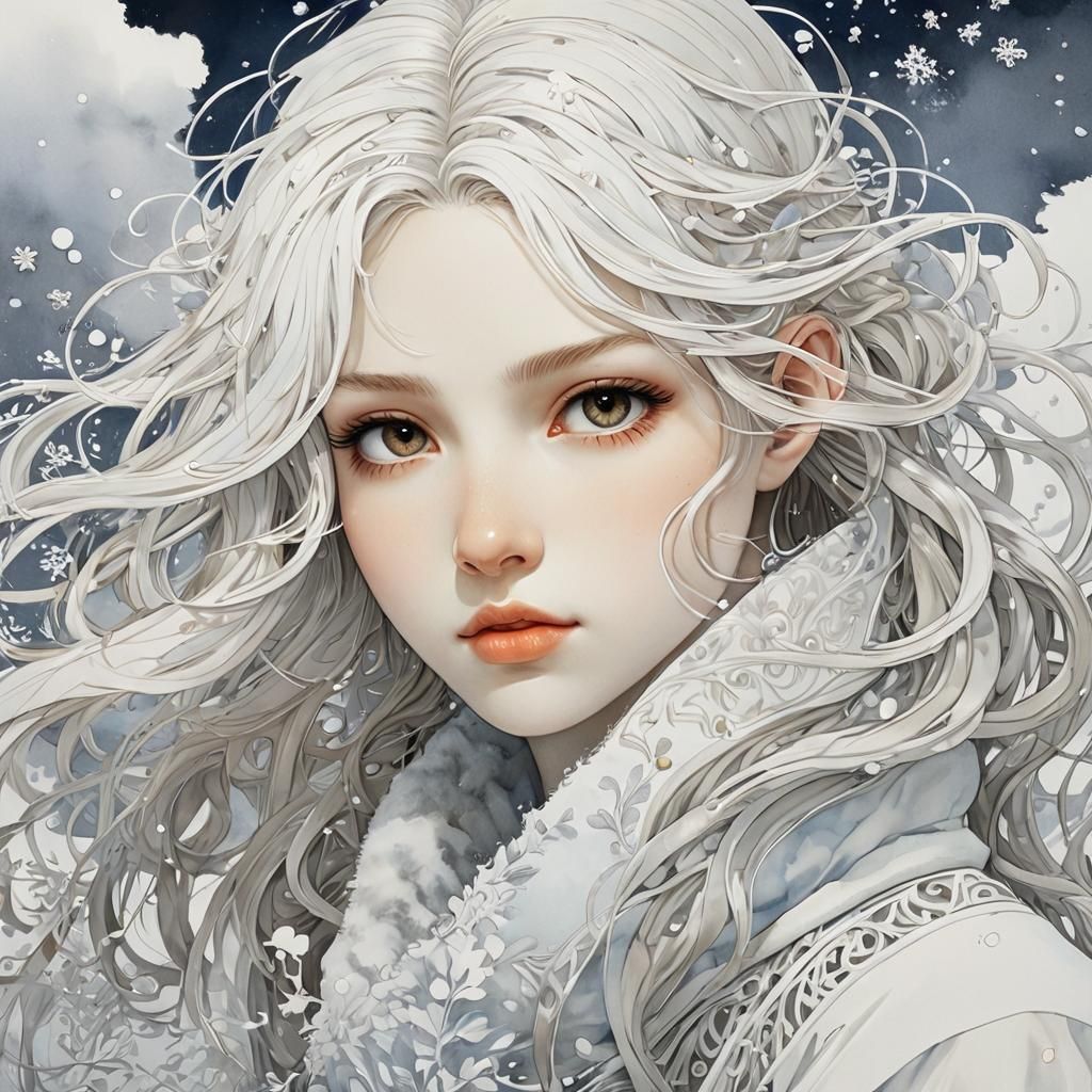 Snowy Winter Portrait in Watercolor Anime Style