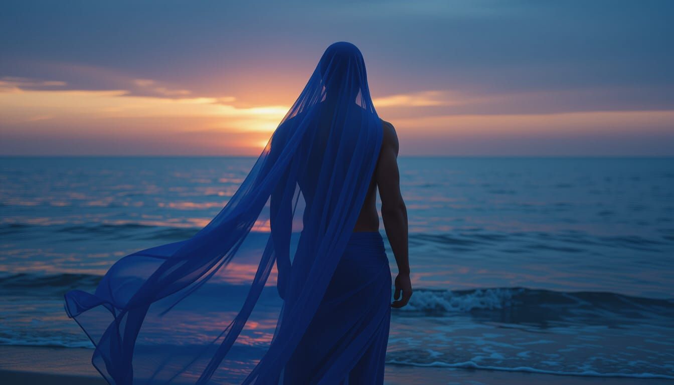 Twilight Seashore: Male Figure in Blue Veil