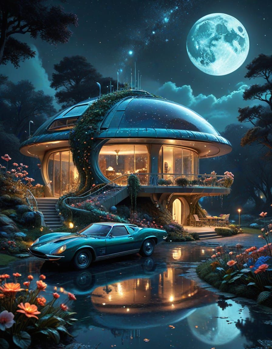 Ethereal Space Age Estate Under Starry Night Sky
