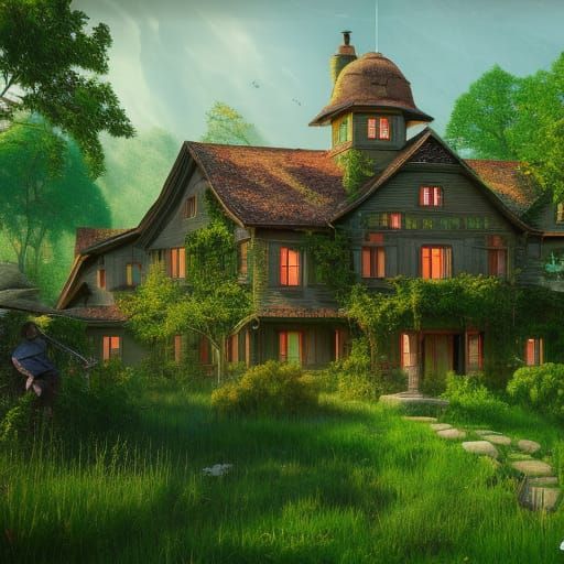 Farmhouse Surrounded by Lush Garden in Matte Painting Style