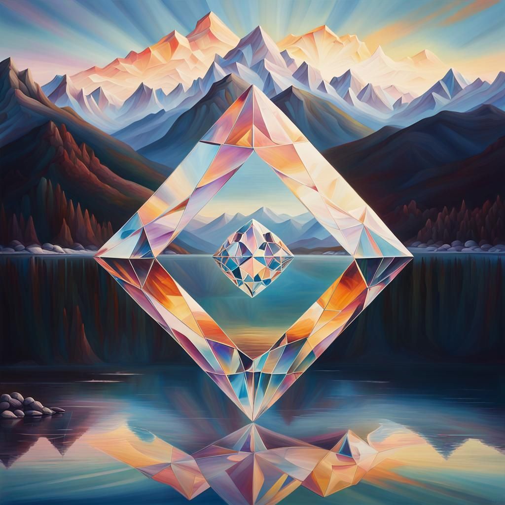 Abstract Crystal Structure Over Lake, Surreal Oil Painting