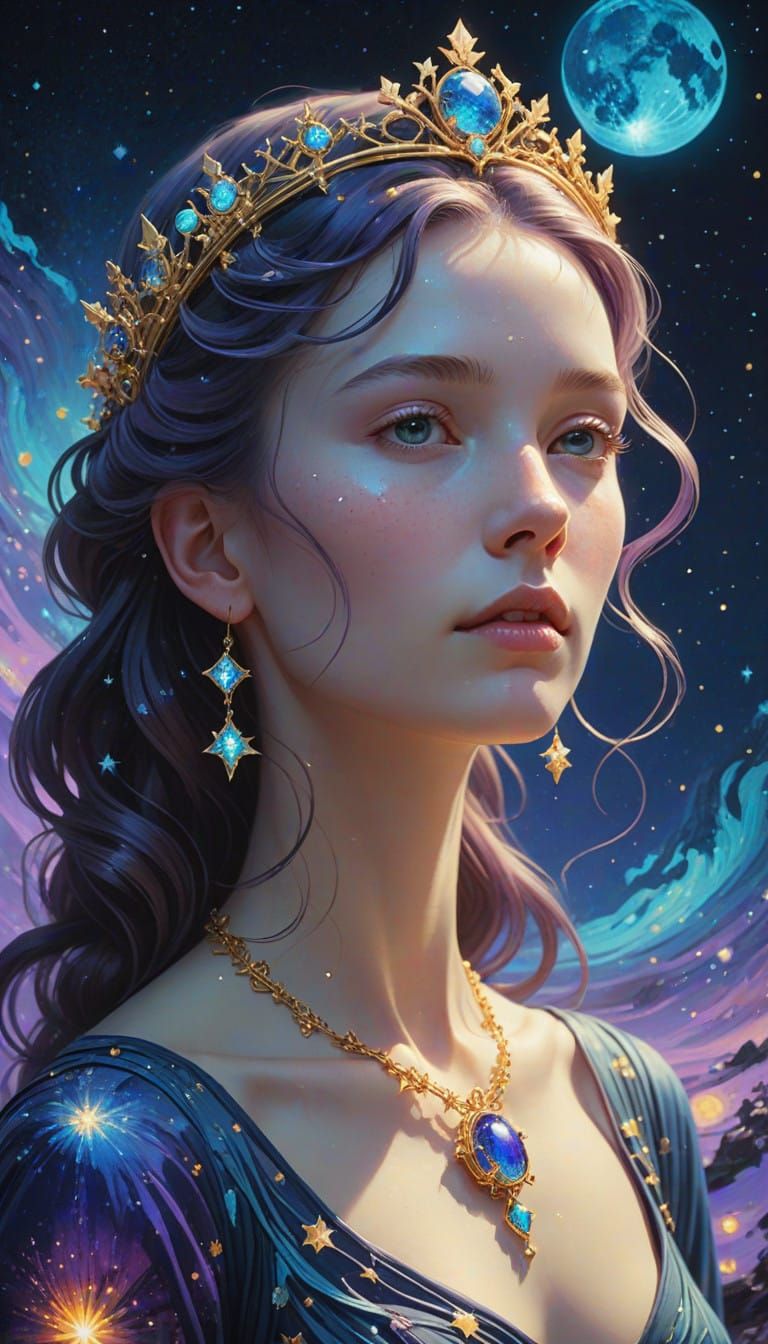 Ethereal Woman in Art Nouveau Style with Iridescent Gold and...