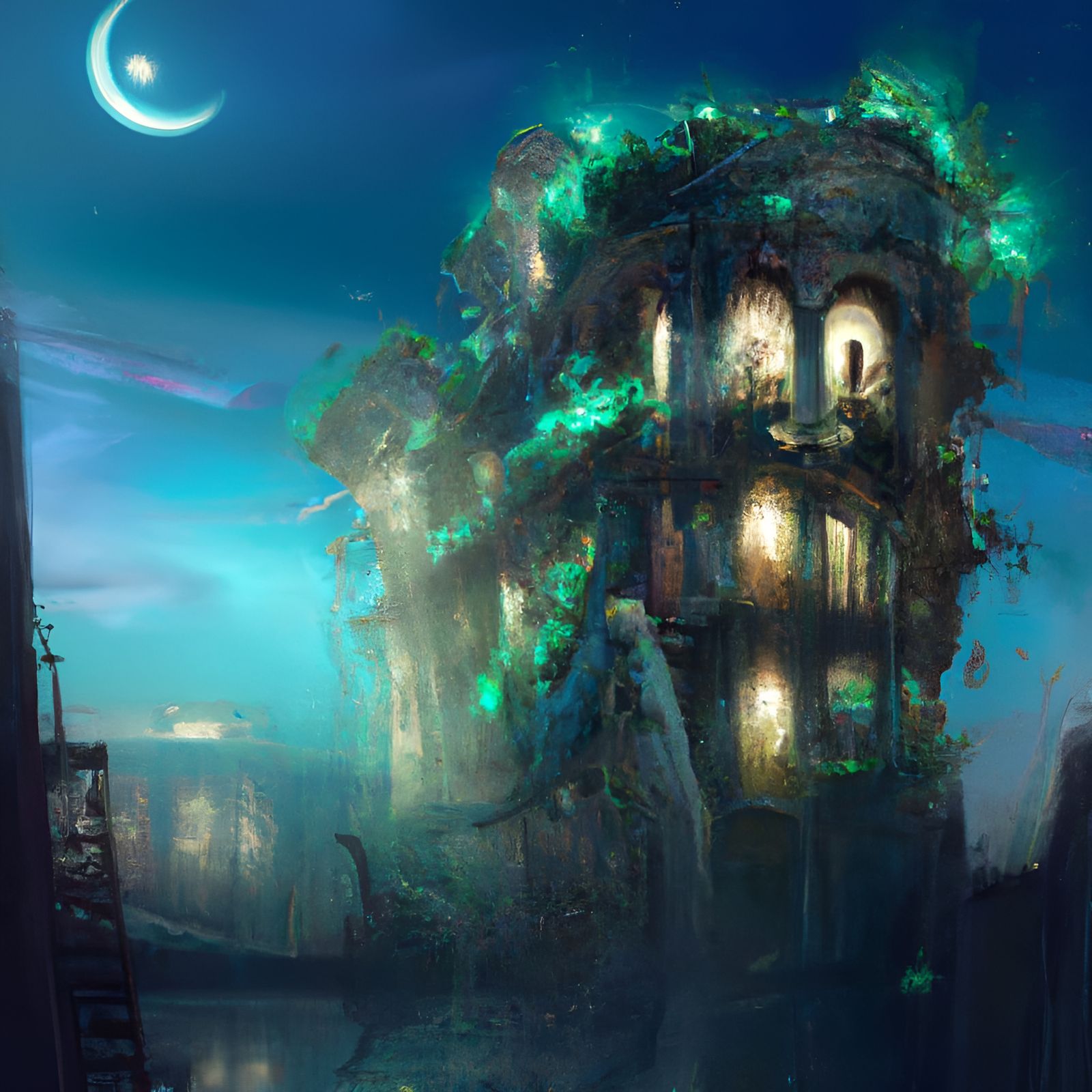 Post-Apocalyptic Building in Moonlight: Digital Illustration