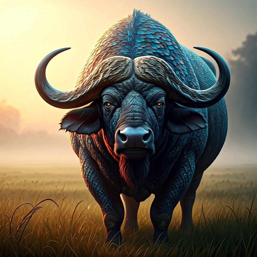Majestic Dragon Buffalo Emerges in Dawn's Haze