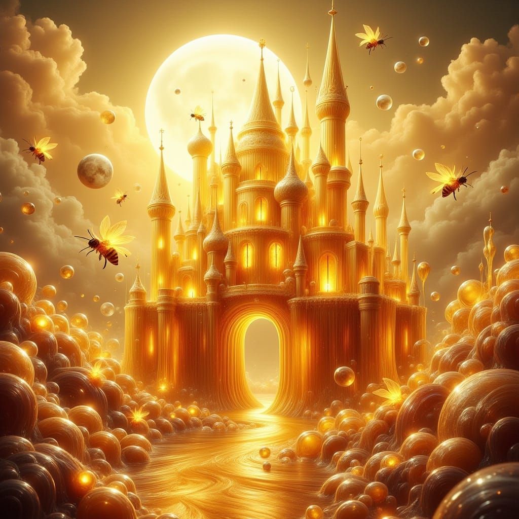 Transparent Honey Castle Shimmers Under Golden Sun