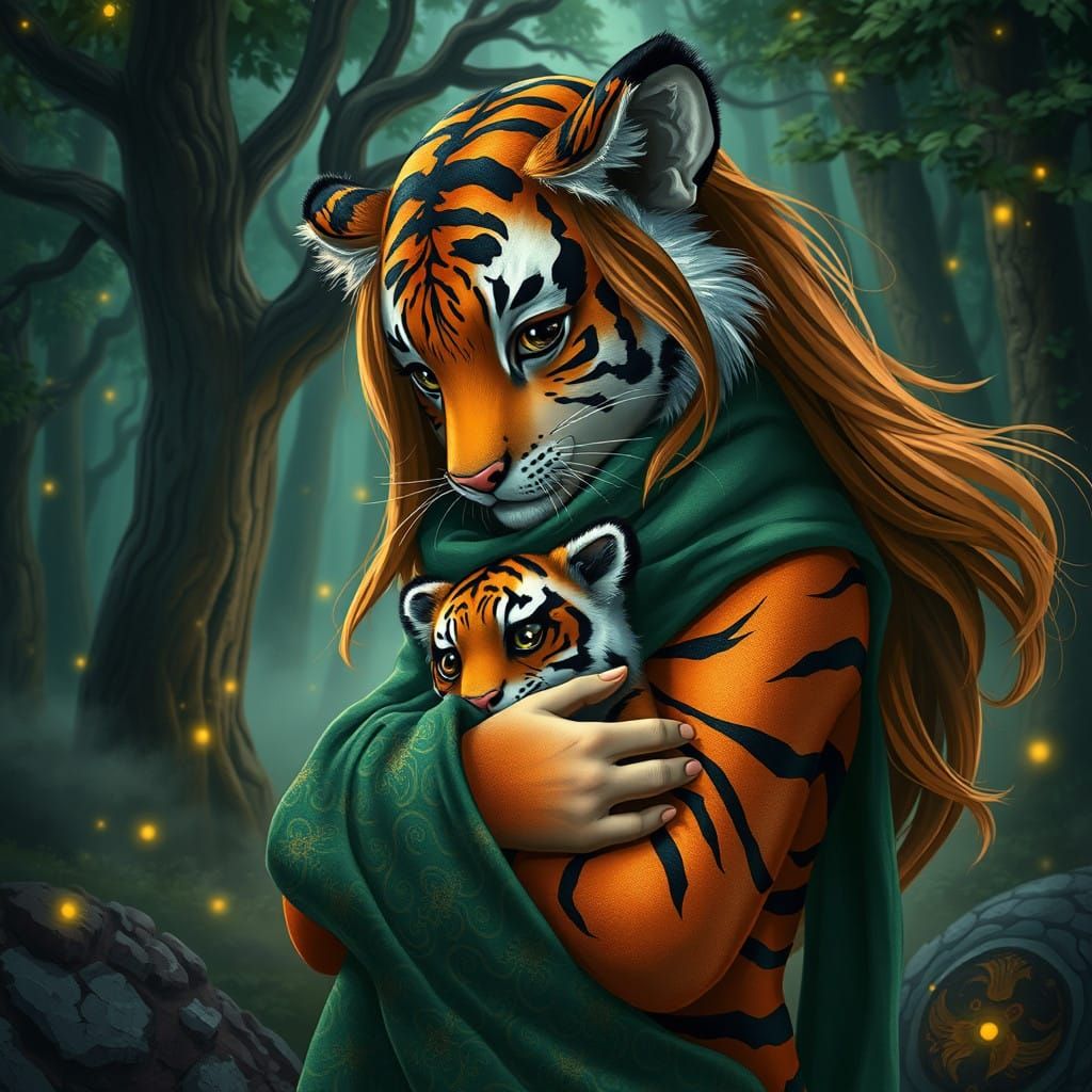 Mystical Tiger Mother and Baby in Emerald Forest