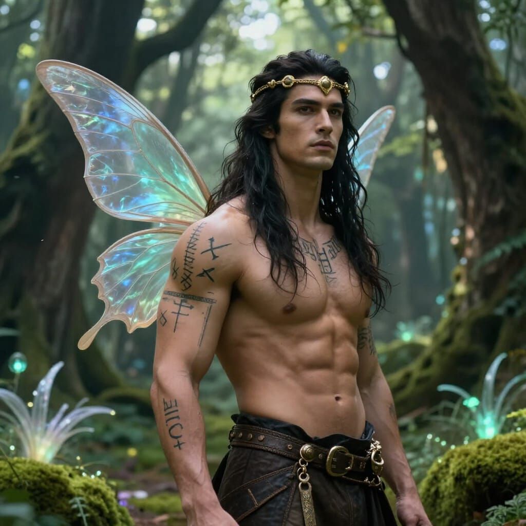 Alpha Male Fairy Father with Rune Tattoos and Golden Circlet