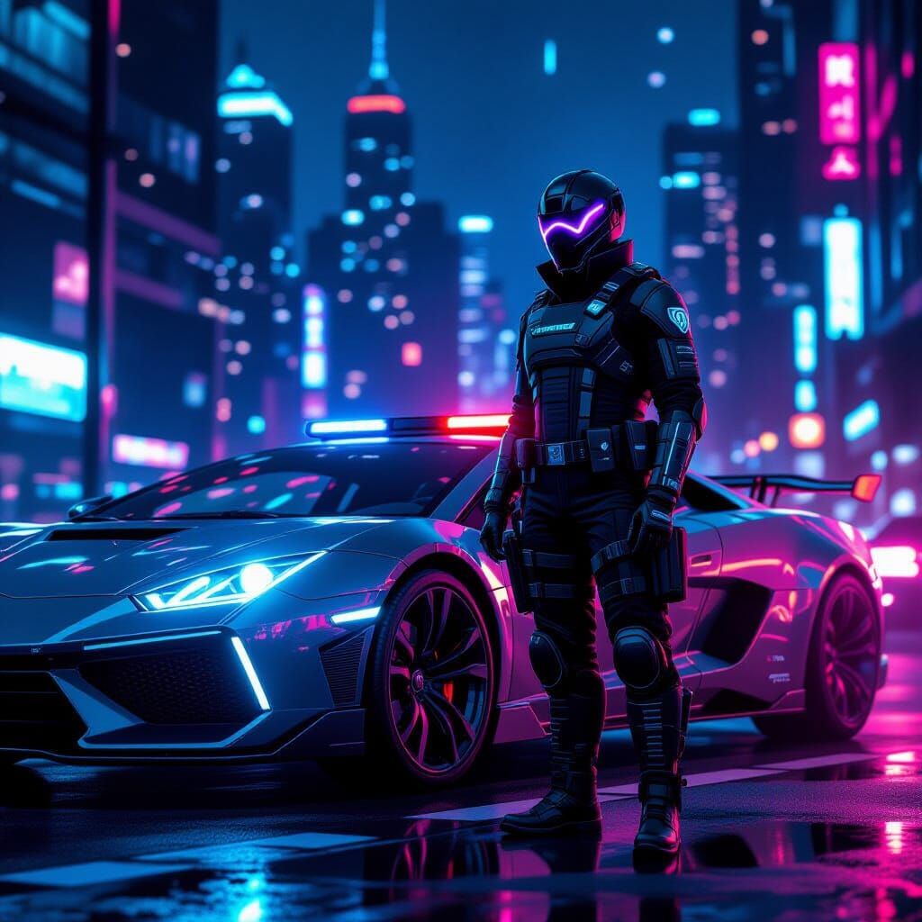Cyberpunk Police and Futuristic Car in Comic Style