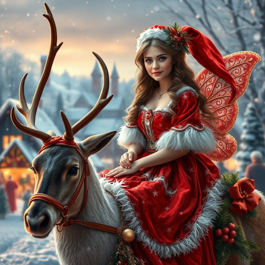 Christmas Fairy on Reindeer in Romantic Style