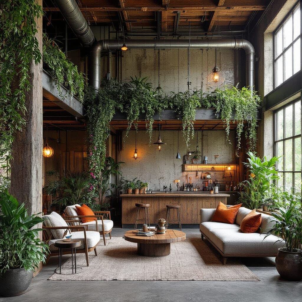 Eco-Industrial Decor with Reclaimed Wood and Greenery