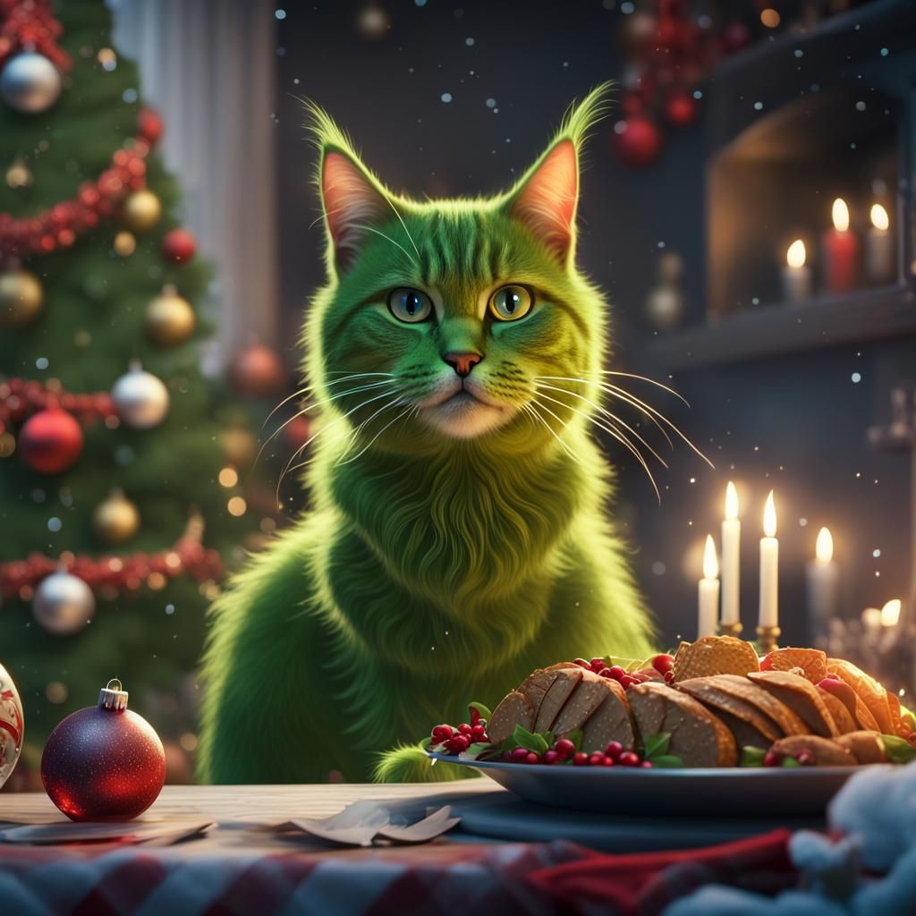 Grinch Cat at Christmas Dinner: Matte Painting