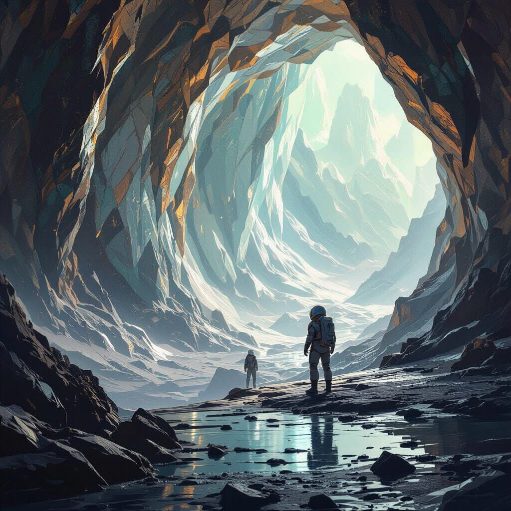 Astronaut Explores Crystalline Cavern on Alien Planet