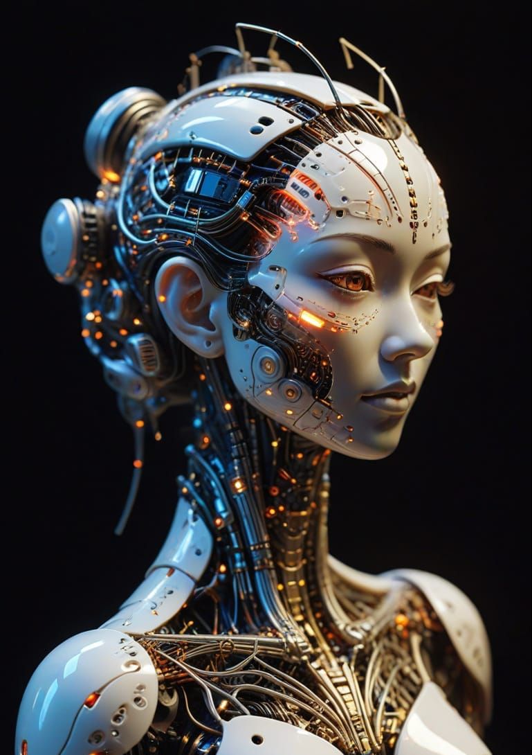 Cyborg Geisha Cutaway Diagram in Cyberpunk Style