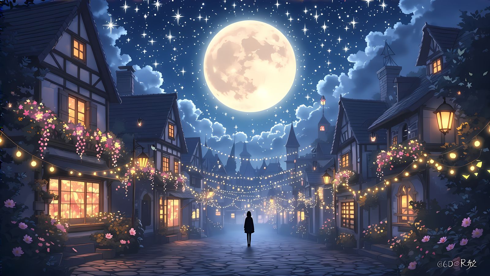 Enchanted Midnight Town in Vibrant Anime Style