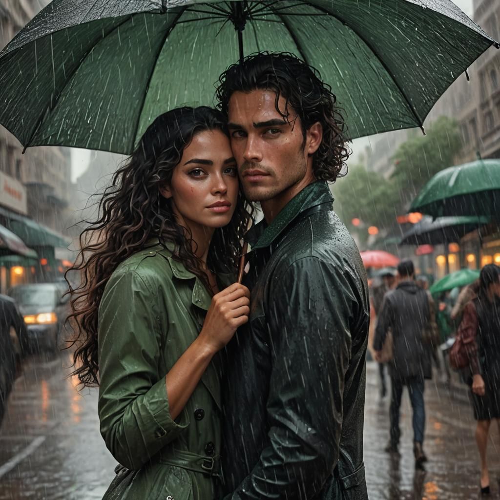 Woman Holds Lover's Face in Rainy Digital Painting